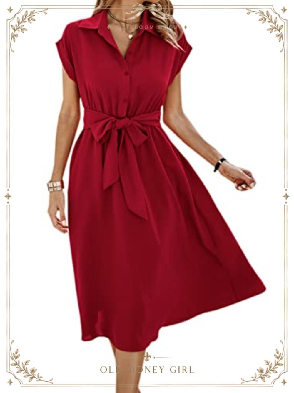 Women's V-Neck Midi Dress Short Sleeve Button Down Belted Pockets 100% Polyester
